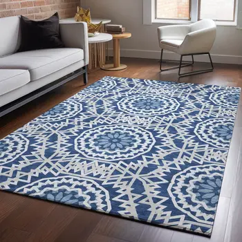 8' X 10' Navy Blue And Ivory Geometric Washable Area Rug With UV Protection