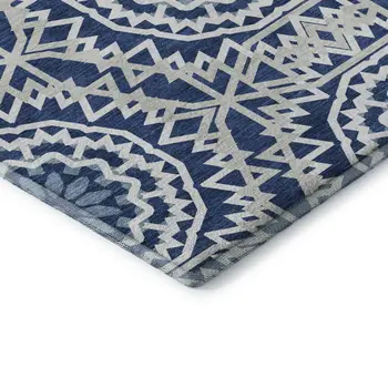 8' X 10' Navy Blue And Ivory Geometric Washable Area Rug With UV Protection
