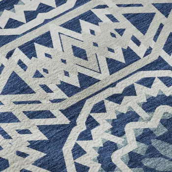 8' X 10' Navy Blue And Ivory Geometric Washable Area Rug With UV Protection
