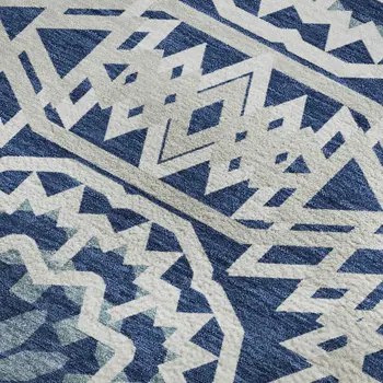 8' X 10' Navy Blue And Ivory Geometric Washable Area Rug With UV Protection