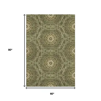 5' X 8' Olive Green And Gold Geometric Washable Area Rug With UV Protection