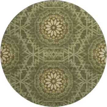 8' Olive Green And Gold Geometric Washable Round Rug With UV Protection