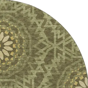 8' Olive Green And Gold Geometric Washable Round Rug With UV Protection