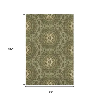 8' X 10' Olive Green And Gold Geometric Washable Area Rug With UV Protection