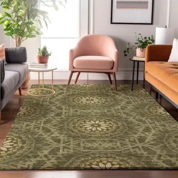 9' X 12' Olive Green And Gold Geometric Washable Area Rug With UV Protection