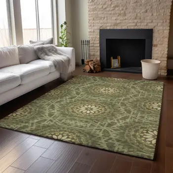 9' X 12' Olive Green And Gold Geometric Washable Area Rug With UV Protection