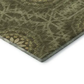 10' X 14' Olive Green And Gold Geometric Washable Area Rug With UV Protection
