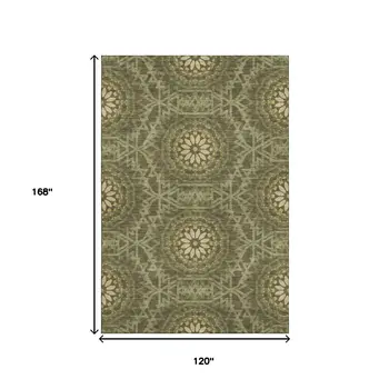 10' X 14' Olive Green And Gold Geometric Washable Area Rug With UV Protection