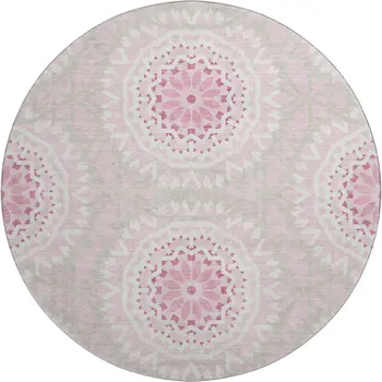 8' Pink And Ivory Geometric Washable Round Rug With UV Protection