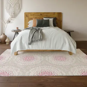 8' X 10' Pink And Ivory Geometric Washable Area Rug With UV Protection
