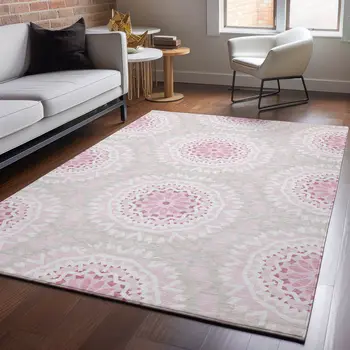 10' X 14' Pink And Ivory Geometric Washable Area Rug With UV Protection