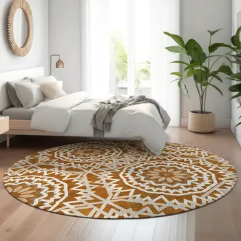 8' Chili Red And Ivory Geometric Washable Round Rug With UV Protection