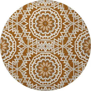 8' Chili Red And Ivory Geometric Washable Round Rug With UV Protection