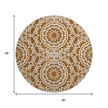 8' Chili Red And Ivory Geometric Washable Round Rug With UV Protection