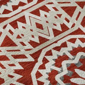 3' X 5' Red And Ivory Geometric Washable Area Rug With UV Protection