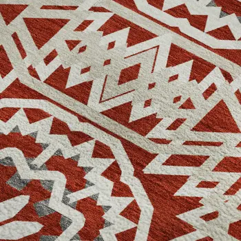 3' X 5' Red And Ivory Geometric Washable Area Rug With UV Protection