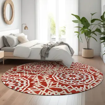 8' Red And Ivory Geometric Washable Round Rug With UV Protection