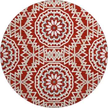 8' Red And Ivory Geometric Washable Round Rug With UV Protection