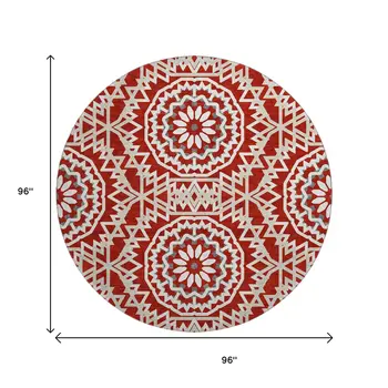 8' Red And Ivory Geometric Washable Round Rug With UV Protection