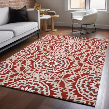 8' X 10' Red And Ivory Geometric Washable Area Rug With UV Protection