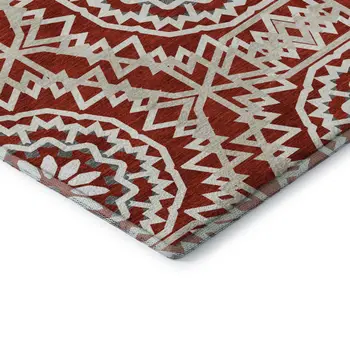 8' X 10' Red And Ivory Geometric Washable Area Rug With UV Protection