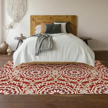 8' X 10' Red And Ivory Geometric Washable Area Rug With UV Protection