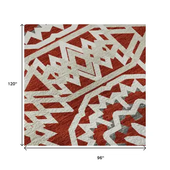 8' X 10' Red And Ivory Geometric Washable Area Rug With UV Protection
