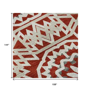 9' X 12' Red And Ivory Geometric Washable Area Rug With UV Protection