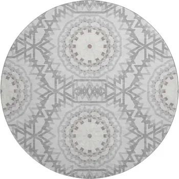 8' Silver And Gray Geometric Washable Round Rug With UV Protection