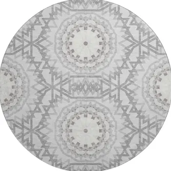 8' Silver And Gray Geometric Washable Round Rug With UV Protection