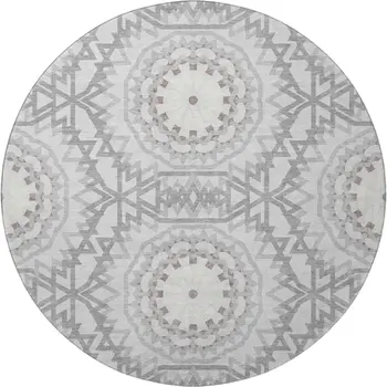 8' Silver And Gray Geometric Washable Round Rug With UV Protection