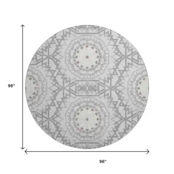 8' Silver And Gray Geometric Washable Round Rug With UV Protection