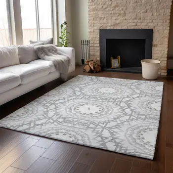 8' X 10' Silver And Gray Geometric Washable Area Rug With UV Protection