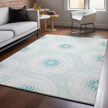 3' X 5' Teal And Ivory Geometric Washable Area Rug With UV Protection