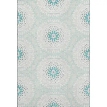 3' X 5' Teal And Ivory Geometric Washable Area Rug With UV Protection