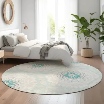 8' Teal And Ivory Geometric Washable Round Rug With UV Protection