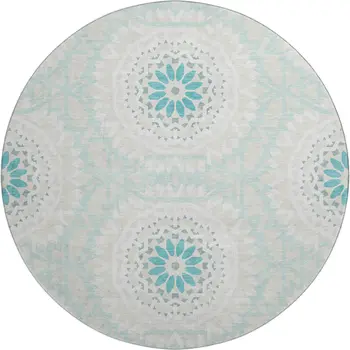 8' Teal And Ivory Geometric Washable Round Rug With UV Protection