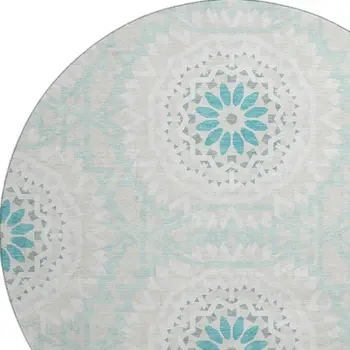 8' Teal And Ivory Geometric Washable Round Rug With UV Protection