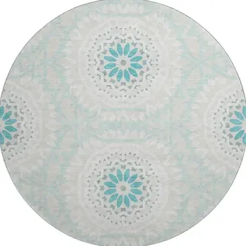 8' Teal And Ivory Geometric Washable Round Rug With UV Protection