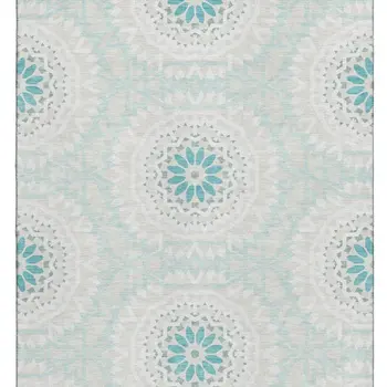 8' X 10' Teal And Ivory Geometric Washable Area Rug With UV Protection
