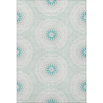 8' X 10' Teal And Ivory Geometric Washable Area Rug With UV Protection