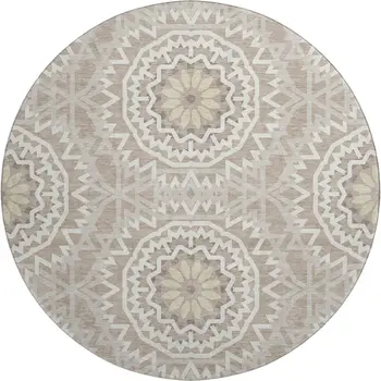 8' Taupe And Ivory Geometric Washable Round Rug With UV Protection
