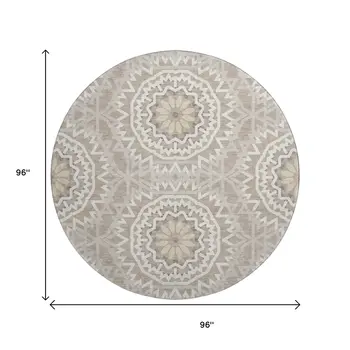 8' Taupe And Ivory Geometric Washable Round Rug With UV Protection