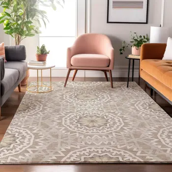 8' X 10' Taupe And Ivory Geometric Washable Area Rug With UV Protection