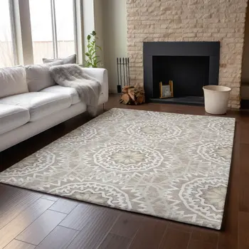 10' X 14' Taupe And Ivory Geometric Washable Area Rug With UV Protection