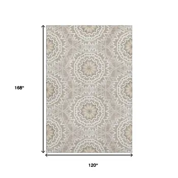 10' X 14' Taupe And Ivory Geometric Washable Area Rug With UV Protection