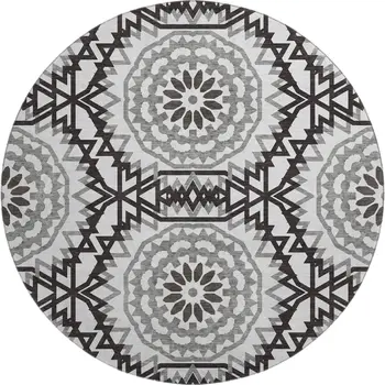 8' White And Black Geometric Washable Round Rug With UV Protection