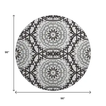 8' White And Black Geometric Washable Round Rug With UV Protection