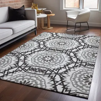 8' X 10' White And Black Geometric Washable Area Rug With UV Protection