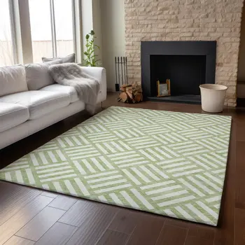 5' X 8' Artichoke Green And Ivory Geometric Washable Area Rug With UV Protection